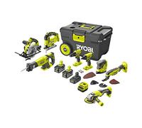 RYOBI - 8 herramientas 18 V One+: taladro + sierra de calar + sierra circular + lijadora + llave de impacto + multiherramienta + sierra sable + lijadora + 2 baterías 5 Ah + batería de 2 Ah + cargador