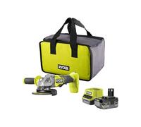 RYOBI Amoladora angular inalámbrica ONE+ RAG18BL-1C40SL de 18 V ONE+ sin escobillas, diámetro del disco 125 mm, incluye mango adicional (montaje en 3 posiciones), bolsa de transporte, batería y