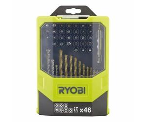 RYOBI-Caja 46 Accesórios mixto (3 brocas hormigón + 11 brocas metal + 31 puntas 25 mm PH/PZ/SL/HEX/T/TX/SQ + 1 adaptador de puntas)