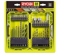 RYOBI - Caja Apilable 32 Accesorios Mixtos para Taladrar, Atornillar, Empernar + 1 Porta-Puntas - Puntas PH, PZ, HEX, T, SL, Zócalos, Brocas Madera, Metal, Hormigón - Trabajos Comunes - RAK32DDMIX