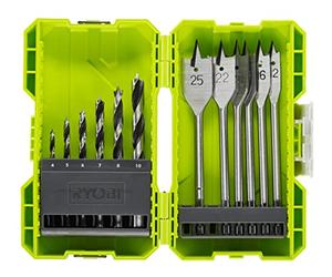 RYOBI-Caja empilable perforación madera 12 Accesórios (6 brocas + 6 pala)