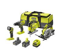 RYOBI - Combinación, 4 herramientas, 18 V, ONE+: Taladro + sierra de calar + sierra circular + lámpara LED - Bolsa de transporte con 2 baterías de 5 y 2 Ah y 1 cargador rápido - RCK184A-252S