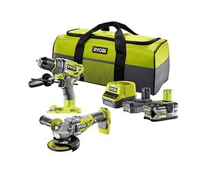 RYOBI - Duo BRUSHLESS: Taladro de impacto y amoladora angular de 125 mm - Se entrega en bolsa de transporte con 2 baterías de 5 y 2 Ah y 1 cargador rápido - RCK182BL-252S