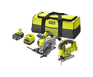 RYOBI - Duo ONE+ 18V: Sierra de calar péndulo con 1 hoja + sierra circular - Diámetro 165 mm con 1 cuchilla de 24 dientes + 1 batería de 18 V 2,5 Ah y cargador rápido (5133004770)