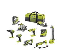 Ryobi - Juego de 9 herramientas 18V ONE+: taladro, destornillador de impacto, amoladora, multiherramientas, pistola de pegamento, sierra circular, sierra de calar, lámpara, lijadora + 2 baterías y