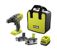 RYOBI ONE+ 18V Taladro percutor R18PD3-242S - 50 Nm, mandril 13 mm, 2 velocidades (0-500/0-1.800 rpm), 24 ajustes de par - Kit con baterías 2,0 Ah + 4,0 Ah, cargador y bolsa