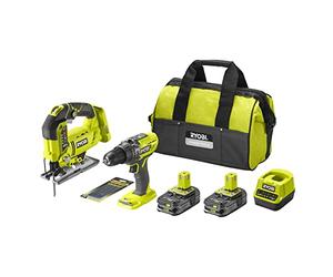 RYOBI One+ Duo taladro de percusión + sierra de calar inalámbrica 18 V - RCK182B-225SA6-2 baterías 2,5 Ah - 6 cuchillas - bolsa de almacenamiento