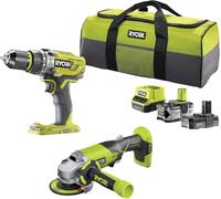 Ryobi Pack:18V Kit Taladro, Amoladora, Inalámbrico, 2 Baterías Lithium+ One, (2.0Ah + 4.0Ah). Bolsa de Transporte.
