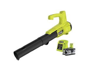 RYOBI - Soplador Eléctrico Inalámbrico Turbo Jet 18V One+ - Limpieza de Pasillos Exteriores, Terrazas, Jardines Pequeños y Medianos - 1 Batería de Litio 4Ah y 1 Cargador Rápido 1,5 A - RY18BLA-140