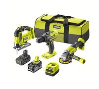 RYOBI Trio ONE + 18V: taladro percutor + sierra de calar + amoladora angular + 2 baterías (2,0 Ah y 4,0 Ah) + cargador rápido - Se entrega en 1 bolsa grande de transporte