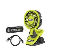 RYOBI - Ventilador USB de litio (4 V, diámetro 9 cm, 2 velocidades, 120/90 rpm, cabeza orientable arriba/abajo y derecha/izquierdo, cable USB-C - 1 batería 4 V, 2,0 Ah, USB de litio, RCF-120G