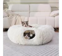 RYpetmia Cama Tipo túnel de Felpa para Gatos de Interior con cojín Suave, Cueva de Juego multiforma con Bolas Colgantes, túnel Grande y Plegable para Mascotas pequeñas y Grandes (Blanco)