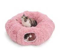 RYpetmia Cama Tipo túnel de Felpa para Gatos de Interior con cojín Suave, Cueva de Juego multiforma con Bolas Colgantes, túnel Grande y Plegable para Mascotas pequeñas y Grandes (Rosa)