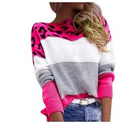 RYTEJFES Jersey de punto para mujer, diseño de leopardo, manga larga, cuello redondo, patchwork, otoño, invierno, elegante, noruego, cálido, suelto, blusas, tops, S-3XL, A002 Hot Pink, XXL