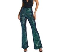 RYTEJFES Rave Outfit Damen Glitzer Hose Lang Glitzerhose Festival Glockenhose Hohe Taille Pailletten Schlaghose Glitzernd Pailettenhose Clubwear Disco Party Nochevester, verde, XXL