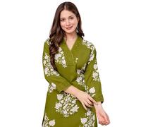 rytras Conjunto de kurta recta estampada de algodón puro para mujer con pantalones palazzo, ropa étnica, Verde, XL