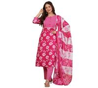 rytras Conjunto de kurta recta estampada de algodón puro para mujer con pantalones palazzo y dupatta | Ropa étnica | Conjunto de traje Kurti para mujer, Rosa, L