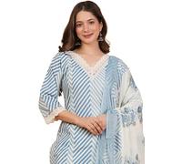 rytras Conjunto de kurta recta estampada de algodón puro para mujer con pantalones palazzo y dupatta | Ropa étnica | Conjunto de traje Kurti para mujer, Azul, 4XL