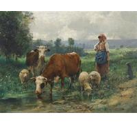 RZHRHJES Decorativos Cuadro en Lienzo Clásicas Poster Cuadro Pintura La pastora con su rebaño de Julien Dupre para Decoraciones del Hogar 60x90cm