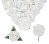 Rzoukler 16 rosas blancas artificiales de 4 pulgadas, grandes rosas de seda falsas a granel con tallos, rosas blancas, rosas blancas de tacto real para bricolaje, boda, ramo de novia, baby shower