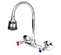 Rzspher Mezclador de pared de dos manijas de latón, grifo de fregadero giratorio 360°, interruptor de agua fría y caliente, grifo de pared para cocina, grifo de fregadero, 2 modos de drenaje de agua