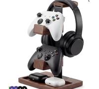 Rzspher Soporte para controlador 2 en 1 y soporte para auriculares, soporte para controlador de juegos, soporte para escritorio, estante de almacenamiento de dos pisos, madera maciza para controlador