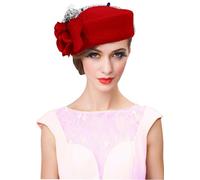 RZTA Sombrero de bolos vintage para mujer, 100% fieltro de lana, sombrero de bolos, sombrero de invierno vintage con lazo fedoras para iglesia, E3 Rojo, Talla única