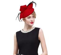 RZTA Sombrero de bolos vintage para mujer, 100% lana de fieltro, sombrero de invierno vintage con lazo Fedoras para iglesia, 01-rojo, Talla única