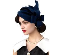 RZTA Tocado Vintage de Fieltro de Lana 100% para Mujer, para Invierno, Vintage, con Lazo para la Iglesia, 10-Azul Marino, Talla única