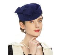 RZTA Tocado vintage de fieltro de lana 100 % para mujer, para invierno, vintage, con lazo para la iglesia, F7-azul marino, Talla única