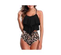 (S,Black)Womens Tankini Swimsuits Ruffled Tank Top Tummy Control Floral Modest Swimwear High Waisted Bikini