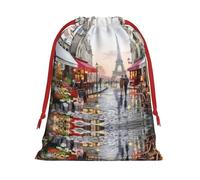 S - Bolsa de Navidad con cordón, reutilizable, pintura al óleo de París, escena callejera de París, estampado de la Torre Eiffel, sacos de fiesta de Navidad, golosinas y recuerdos para vacaciones