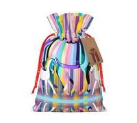 S - Bolsa de Navidad reutilizable con diseño de unicornios en rayas coloridas, bolsa de regalo con cordón para vacaciones, cumpleaños y regalos de boda