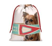 S Christmas Drawstring Bag - Festive Papillon in the box Print Christmas Party Sacks, Reutilizable Plush Holiday Bags