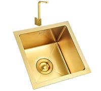 S, con Grifo Cuadrado Dorado, Fregadero Individual Tipo Barra,O Inoxidable 304, Instalación Empotrada O Bajo Encimera./Oro/38 * 38 cm