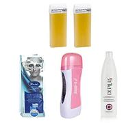 S-DSHOP - Kit de depilación profesional + 2 rodillos de cera + bote de aceite post-cera de 250 ml + 100 tiras de TNT