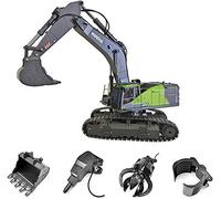 s-idee® S1593 + 2ª batería + 3 cabezales Excavadora de cadena teledirigida 1593 con función completa, excavadora con mando a distancia y pala de metal con batería y cargador Huina 1593