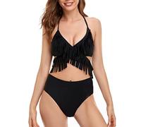 S-kini Conjunto de bikini para niña para madre e hija, traje de baño acolchado halter de dos piezas, ropa de playa familiar, Flecos negros, 8-10 años