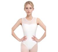s.lemon Maillot Ballet,Mujer Sin Mangas Malla Cuello Alto Leotardo para Danza Gimnasia 9462 Blanco 160