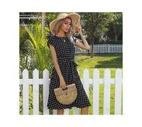 (S-Negro) Elegante vestido de verano: vestido midi plisado de lunares de alta calidad con mangas cortas