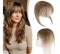 S-noilite Extensión de Flequillo de Cabello Natural con Clip, 20g Flequillo Aéreo de Cabello Humano, Flequillos Francés de Cabellera Natural, 3D Flequillos Liso con Sienes, Marrón Medio #4