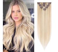 S-noilite Extensiones de Cabello Humano con Clip, 8Pcs 18 Clips, 100% Extensiones de Pelo Real con Clips, 45CM Extensión de Cabello Natural con Clip para Mujer, 70g Rubio mix Rubio Blanco #18P613