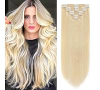S-noilite Extensiones de Cabello Humano con Clip, 8Pcs 18 Clips, Extensiones de Pelo Real con Clips, 55CM Extensión de Cabello Natural con Clip para Mujer, 75g Oro Claro #613