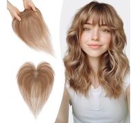 S-noilite Extensiones de Cabello Humano con Flequillo, 13g Extensiones de Pelo Humano Remy con Clip, 27CM con 9x12CM Base de Encaje de Cabello con Flequillo, para Cabellera Fino, Marrón Claro #6