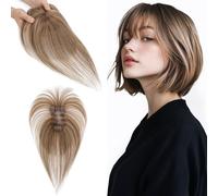 S-noilite Extensiones de Cabello Humano con Flequillo, 14g Extensiones de Pelo Humano Remy con Clip, 28CM con 7x11CM Base de Encaje de Cabello con Flequillo, para Pelo Fino, Rubio Oscuro/Castaño Medio