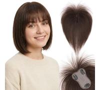 S-noilite Extensiones de Cabello Humano con Flequillo, 20g Extensiones de Pelo Humano Remy con Clip, 25CM con 8x11CM Base de Encaje de Cabello con Flequillo, para Cabellera Fino, Marrón Moca #2R