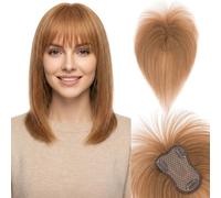 S-noilite Extensiones de Cabello Humano con Flequillo, 20g Extensiones de Pelo Humano Remy con Clip, 25CM con 8x11CM Base de Encaje de Cabello con Flequillo, para Cabellera Fino, Marrón Claro #6