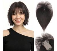 S-noilite Extensiones de Cabello Humano con Flequillo, 20g Extensiones de Pelo Humano Remy con Clip, 25CM con 8x11CM Base de Encaje de Cabello con Flequillo, para Cabellera Fino, Negro Natural #1B