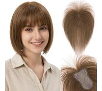 S-noilite Extensiones de Cabello Humano con Flequillo, 20g Extensiones de Pelo Humano Remy con Clip, 25CM con 8x11CM Base de Encaje de Cabello con Flequillo, para Cabellera Fino, Marrón Medio #4