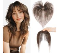 S-noilite Extensiones de Cabello Humano con Flequillo Francés, 9g Extensiones de Pelo Humano con Clip, 360° con 5x12.5CM Base de Encaje de Cabello con Flequillo, para Pelo Fino, Marrón Moca # 2R
